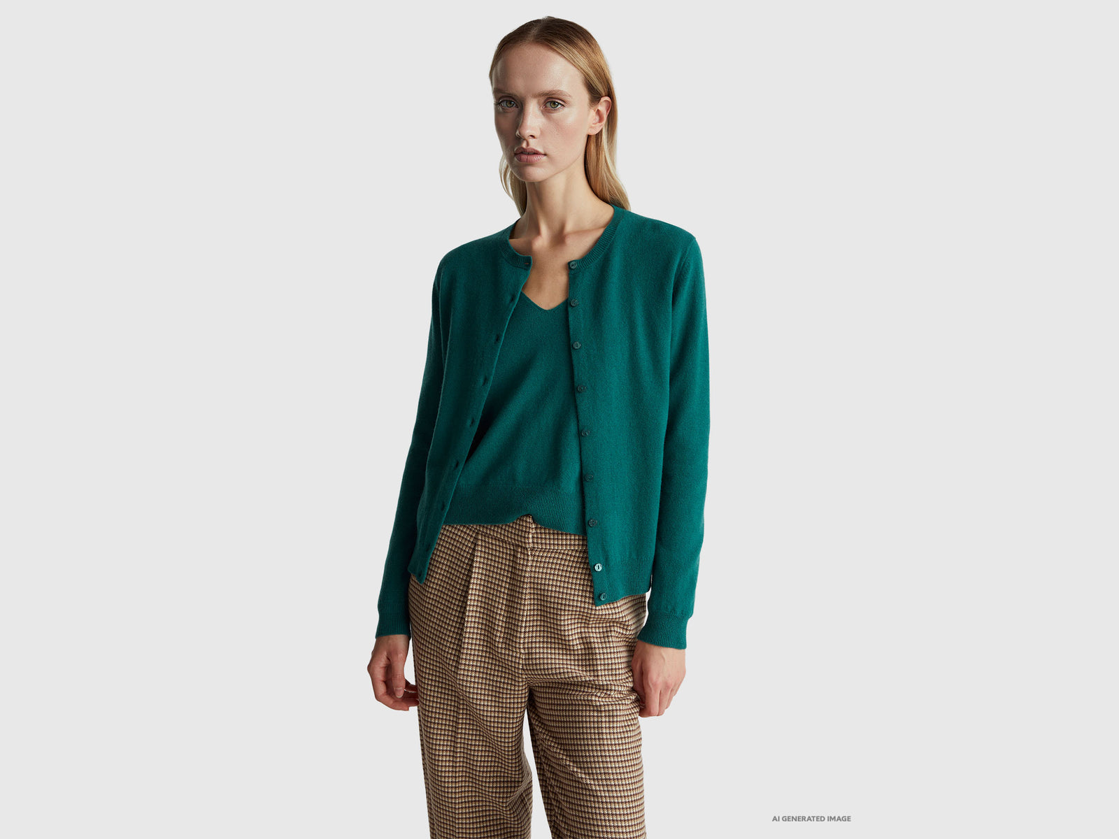 Cardigã de gola redonda verde em pura lã Merino - ucb_image_F