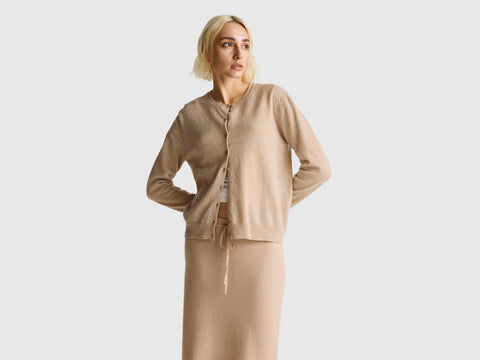Beige crew neck cardigan in pure Merino wool - ucb_image_F