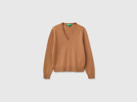 Camisola decote em V cor camel em pura lã Merino - ucb_image_FS