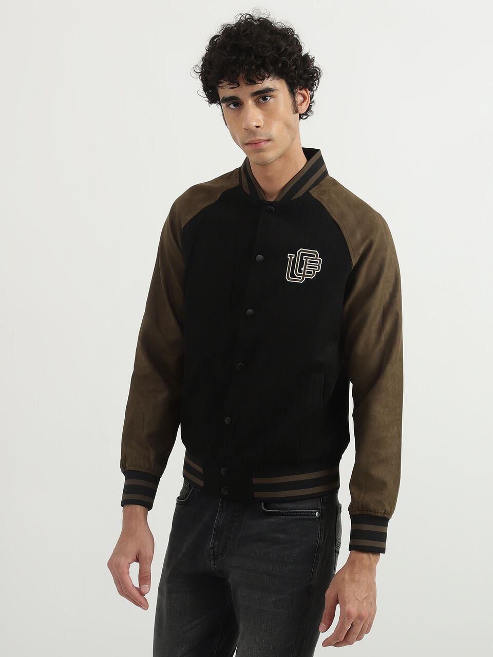 SUEDE VARSITY BOMBER JACKET image number null