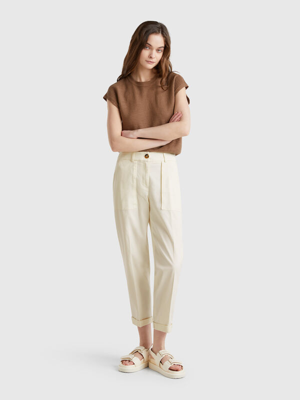 Trousers in stretch cotton with roll-up Women