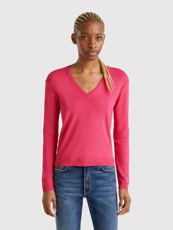 Pure cotton sweater with V-neck Women