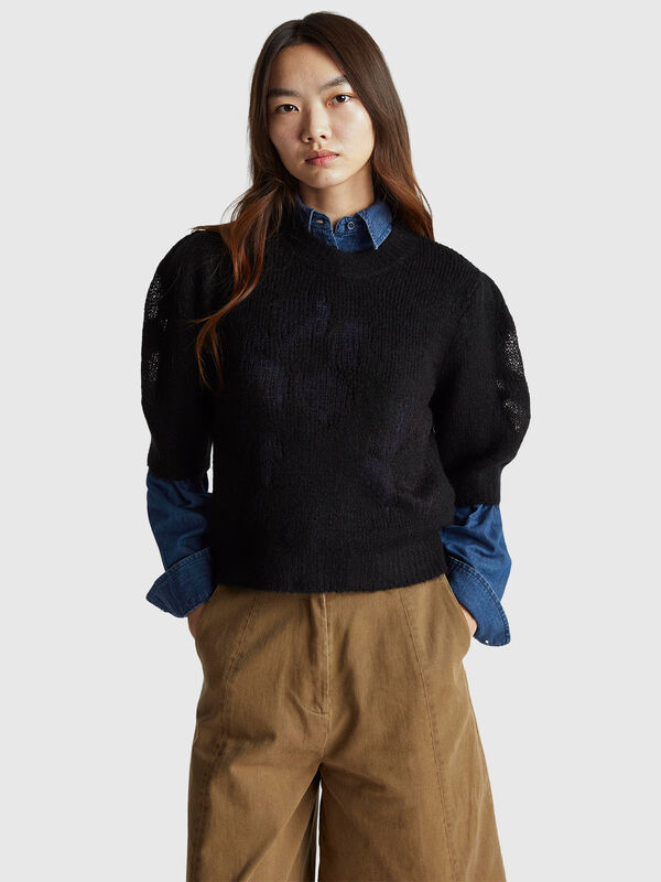 Short sleeve sweater with floral inlay Women