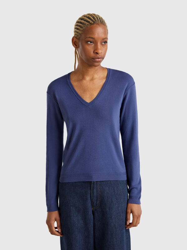 Pure cotton sweater with V-neck Women