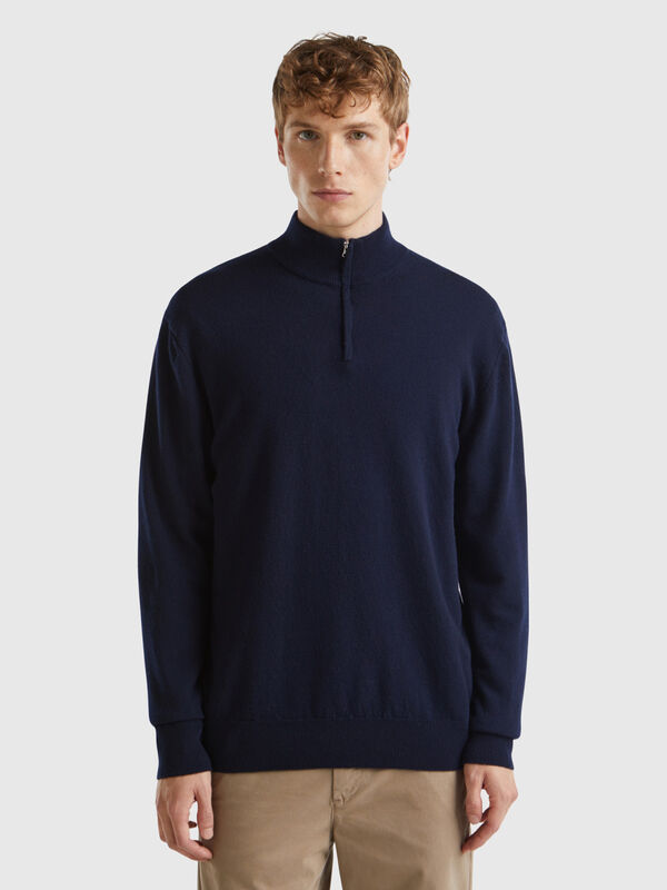 Midnight blue zip-up sweater in 100% Merino wool Men