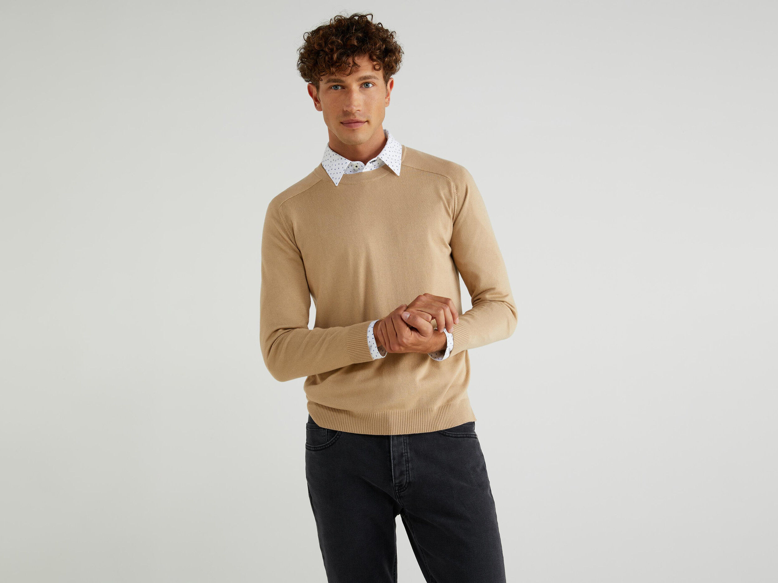 Crew neck sweater with dress shirt top