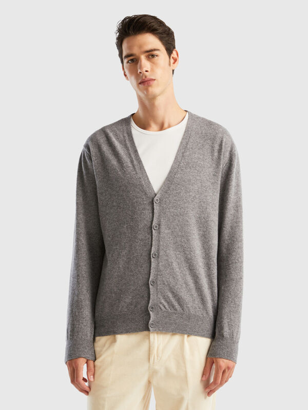 Gray V-neck cardigan in pure Merino wool Men