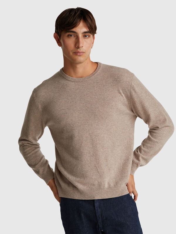 Marl brown crew neck sweater in pure Merino wool Men