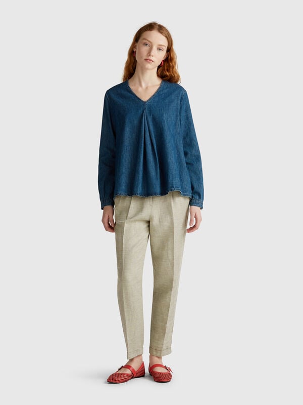 Check trousers in pure linen Women