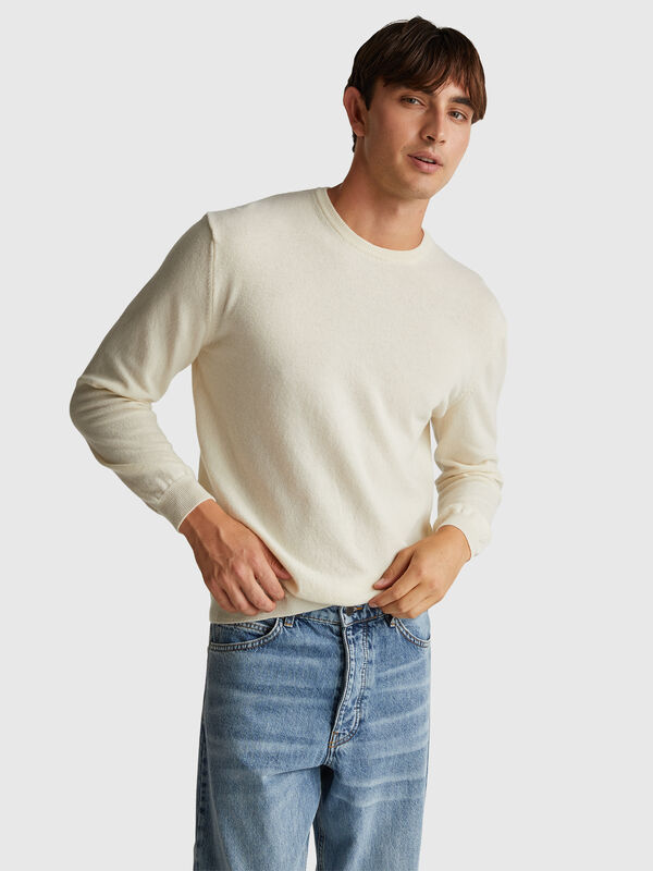 Cream crew neck sweater in pure Merino wool Men