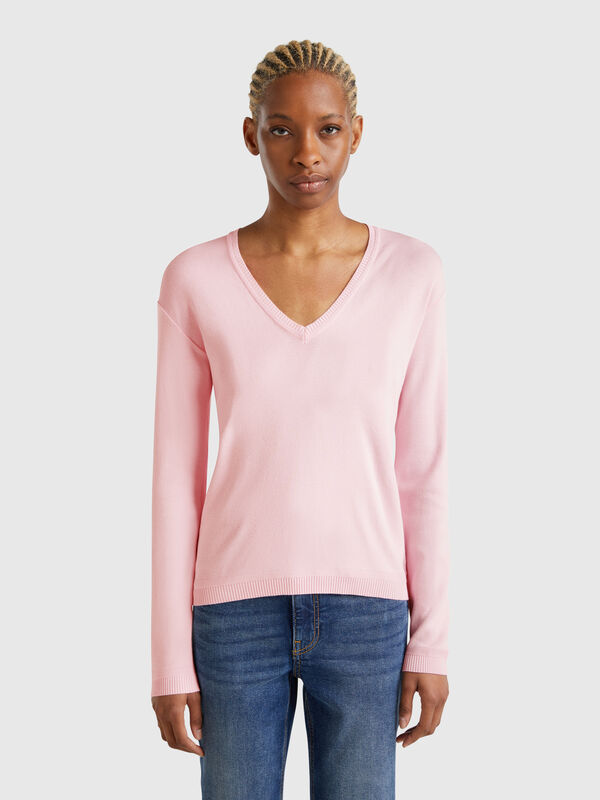 Pure cotton sweater with V-neck Women