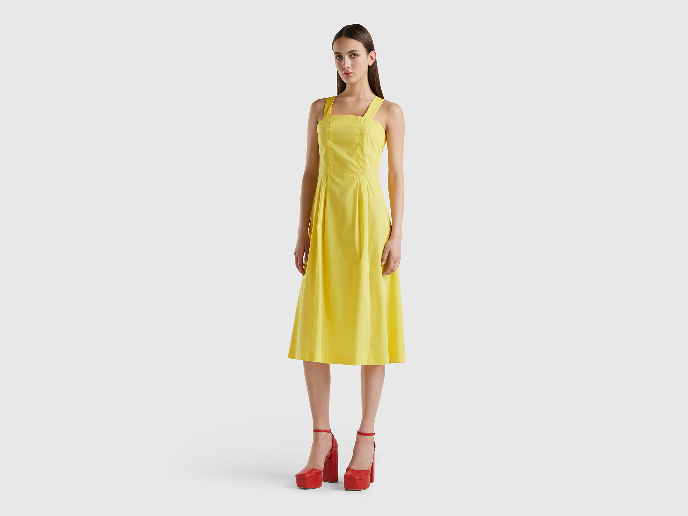 Midi dress in lightweight cotton - Yellow | Benetton