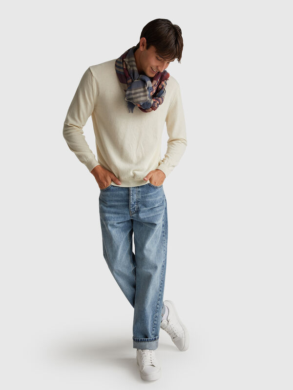 Cream crew neck sweater in pure Merino wool Men