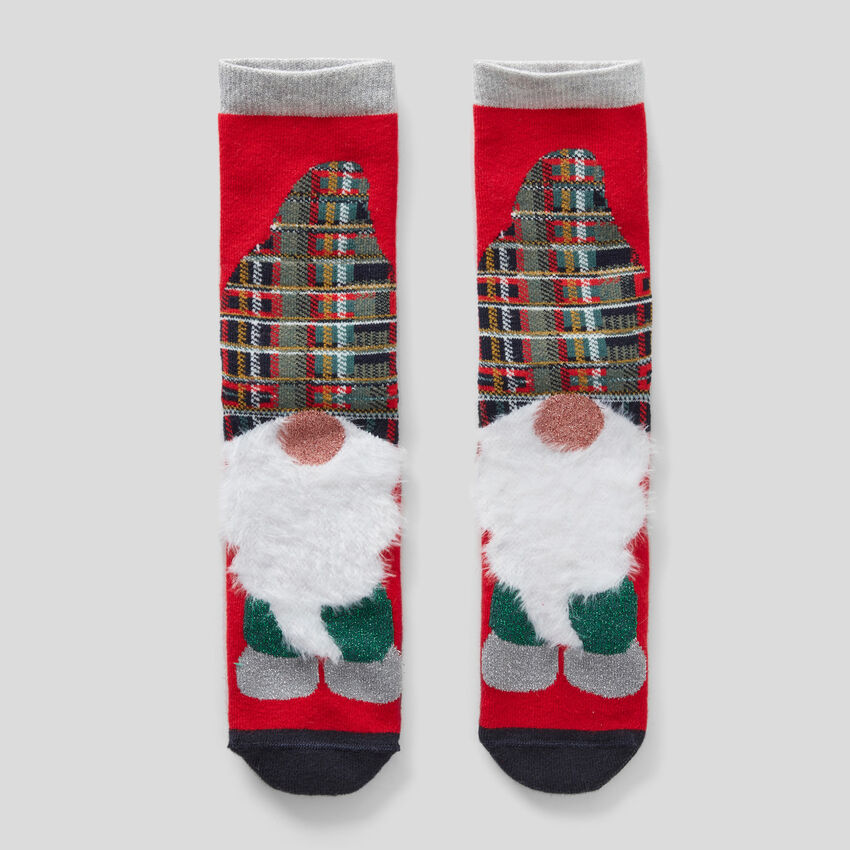 Red non-slip socks with gnome graphic