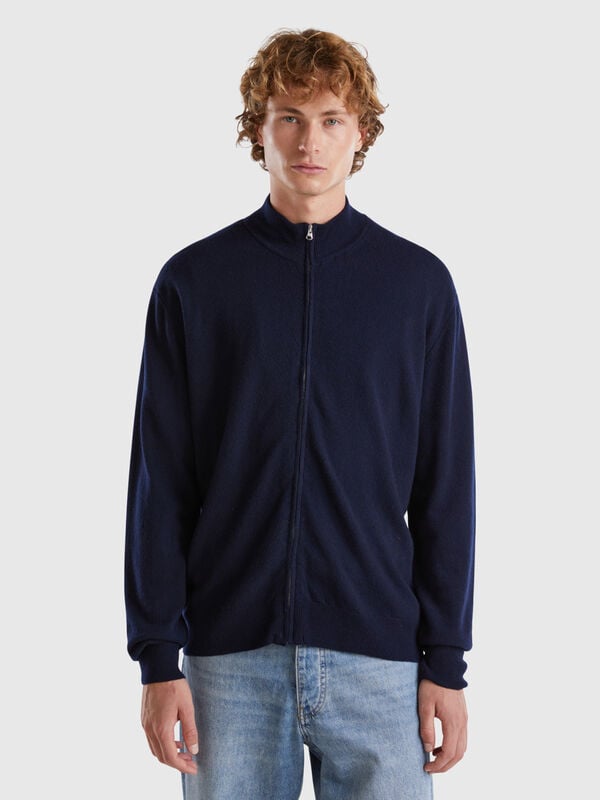 Midnight blue zip-up cardigan in pure Merino wool Men