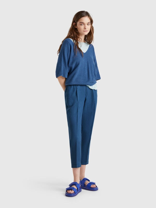 Cropped trousers in 100% linen Women