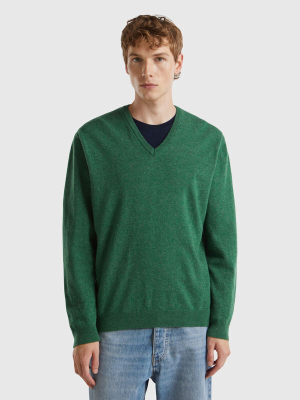 Marl green V-neck sweater in pure Merino wool Men