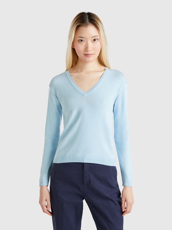 Pure cotton sweater with V-neck Women