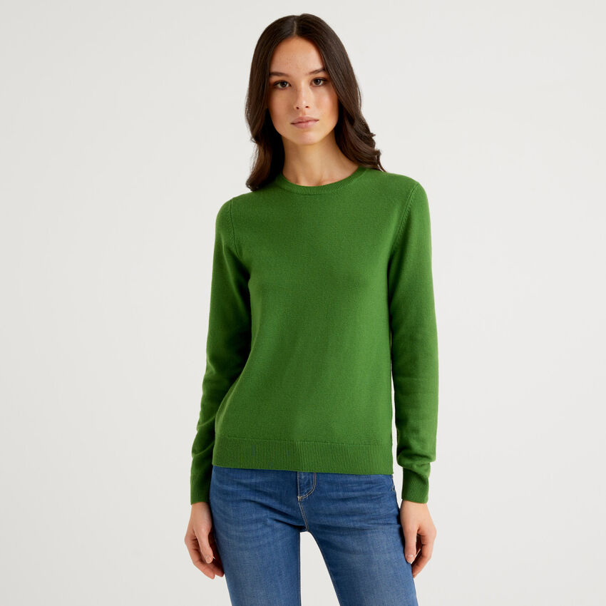 Green crew neck sweater in Merino wool