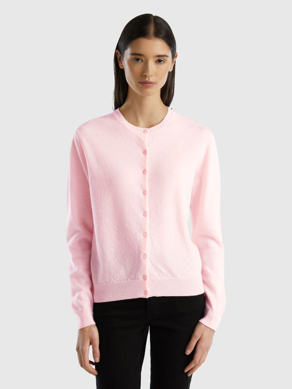 Light pink crew neck cardigan in pure Merino wool Women