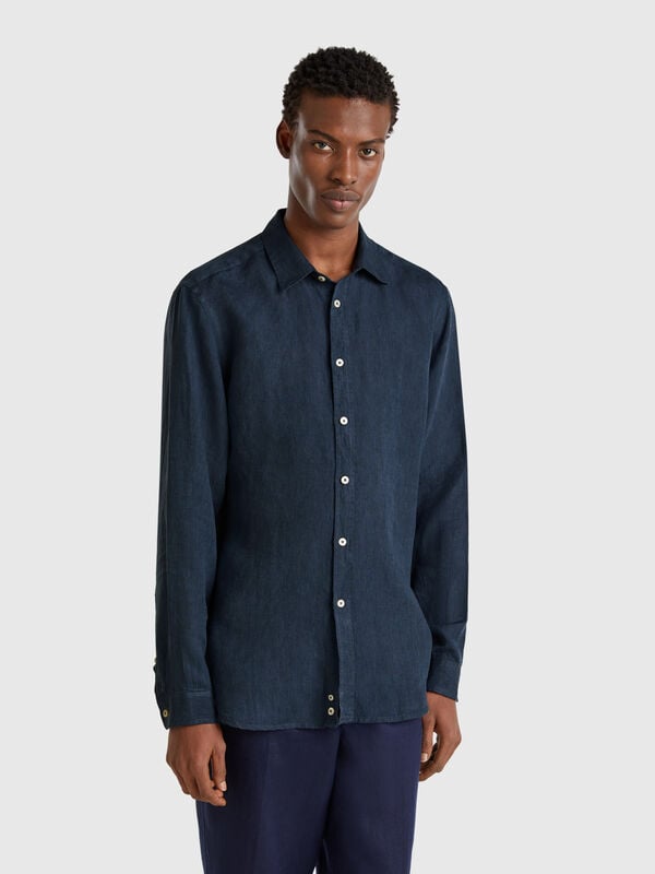Midnight blue patterned shirt in pure linen Men