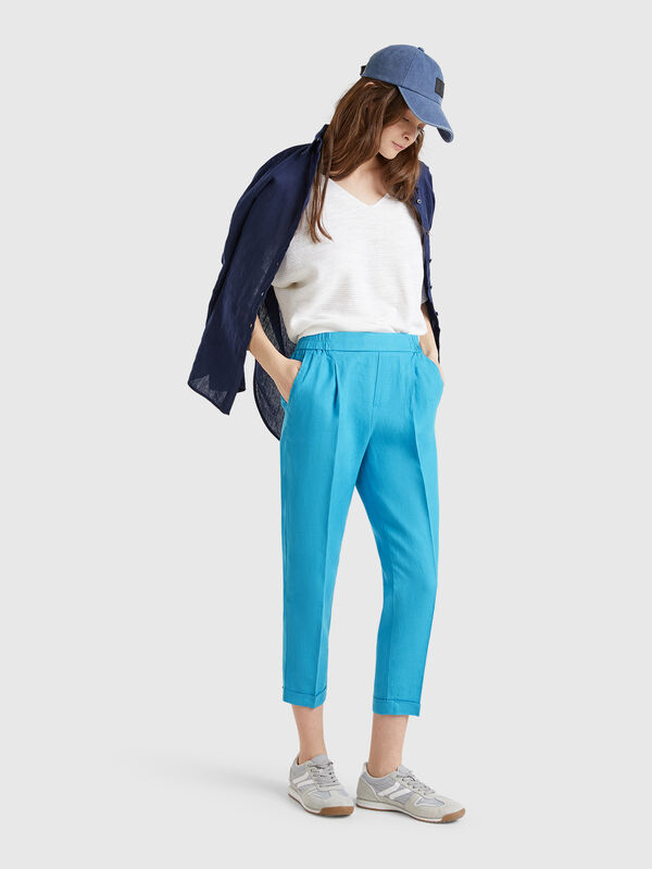 Cropped trousers in 100% linen Women