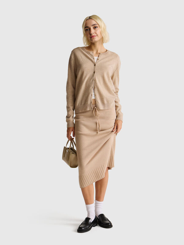 Beige crew neck cardigan in pure Merino wool Women