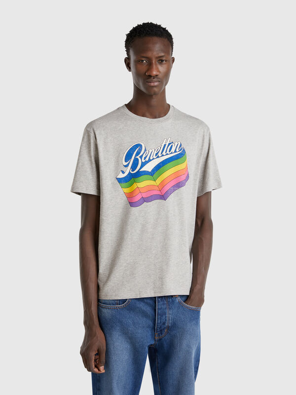 Gray cotton T-shirt with multicolor logo Men