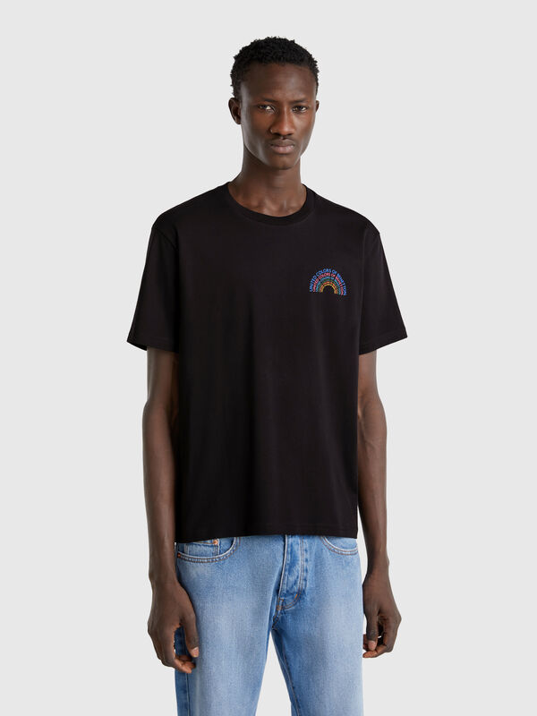 Black cotton T-shirt with white logo Men