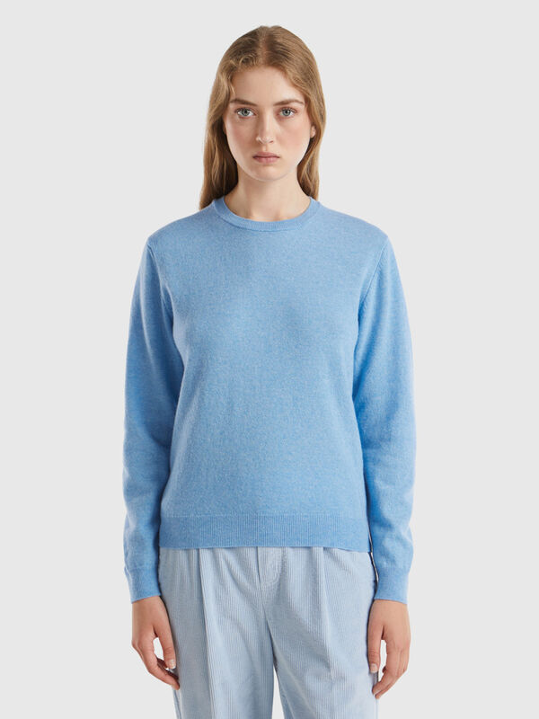 Marl sky blue crew neck sweater in pure Merino wool Women